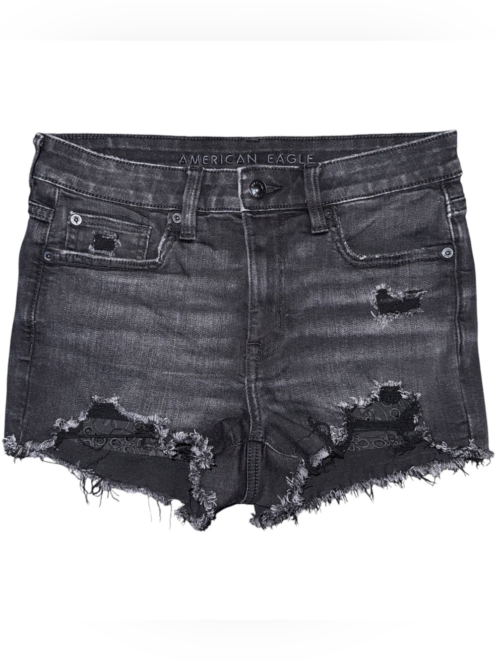 American Eagle High Rise Shortie Black Jean Shorts Stretch Distressed Womens 6